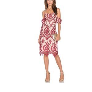 NBD Red and White Off-Shoulder Midi Dress